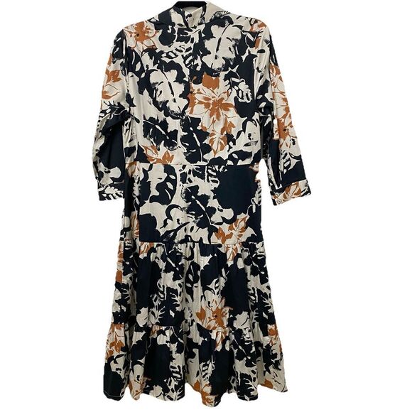 Soft Surroundings Moonglow Midi Dress Sz 12 -3/4 Sleeve Button Up Tiered Floral - Picture 2 of 14
